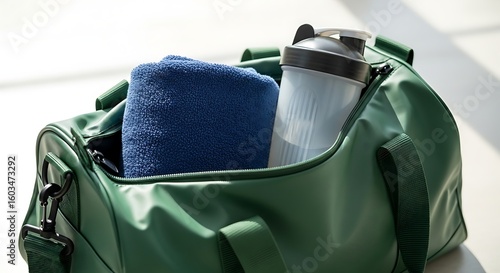 Green gym bag packed with a blue towel and protein shaker ready for a workout.
