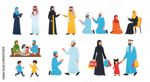 Illustration depicting various scenes of Muslim people in traditional clothing, including praying, shopping, eating, and interacting with family.
