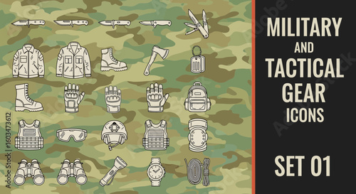 A set of military and tactical gear icons including clothing, weapons, and equipment arranged on a camouflage background.