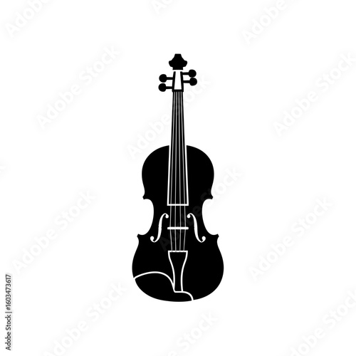 A black and white illustration of a violin a stringed musical instrument on white background
