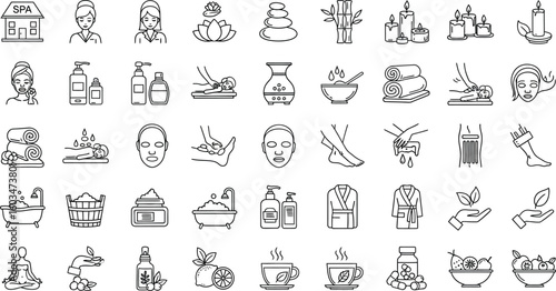 Vector art of a collection of spa and wellness icons isolated on white background, representing various beauty treatments, relaxation therapies, and health care services