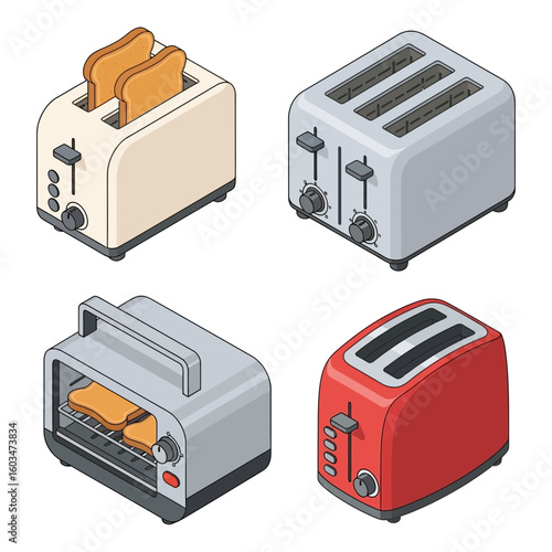 Four isometric illustrations of toasters, including a toaster oven, with bread slices in various colors and styles.