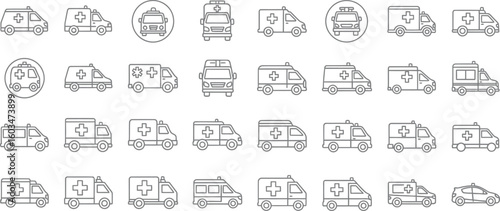 Vector art of a collection of ambulance icons isolated on white background, representing emergency medical services and healthcare