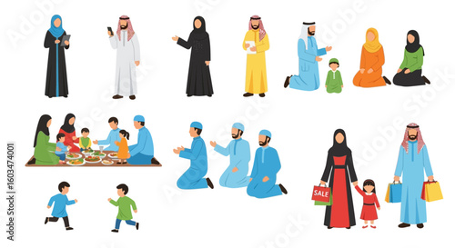 Collection of diverse vector illustrations depicting Arab people in traditional clothing engaged in various activities, including family time, shopping, and communication.