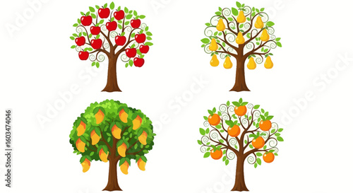Four fruit trees are depicted, each bearing a different fruit: apples, pears, mangoes, and oranges, against a white background.