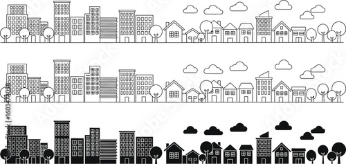 Vector art of a cityscape illustration shows a row of buildings, houses, trees, and clouds in a simple, minimalist design