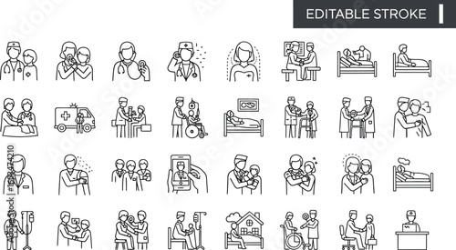 Vector art of collection of medical and healthcare icons depicting doctors, nurses, and patients in various scenarios isolated on white background