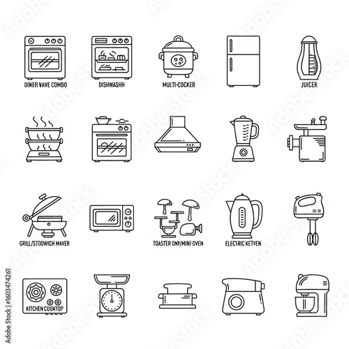 A collection of black and white line art icons representing various kitchen appliances and cooking equipment, including ovens, refrigerators, and food processors.