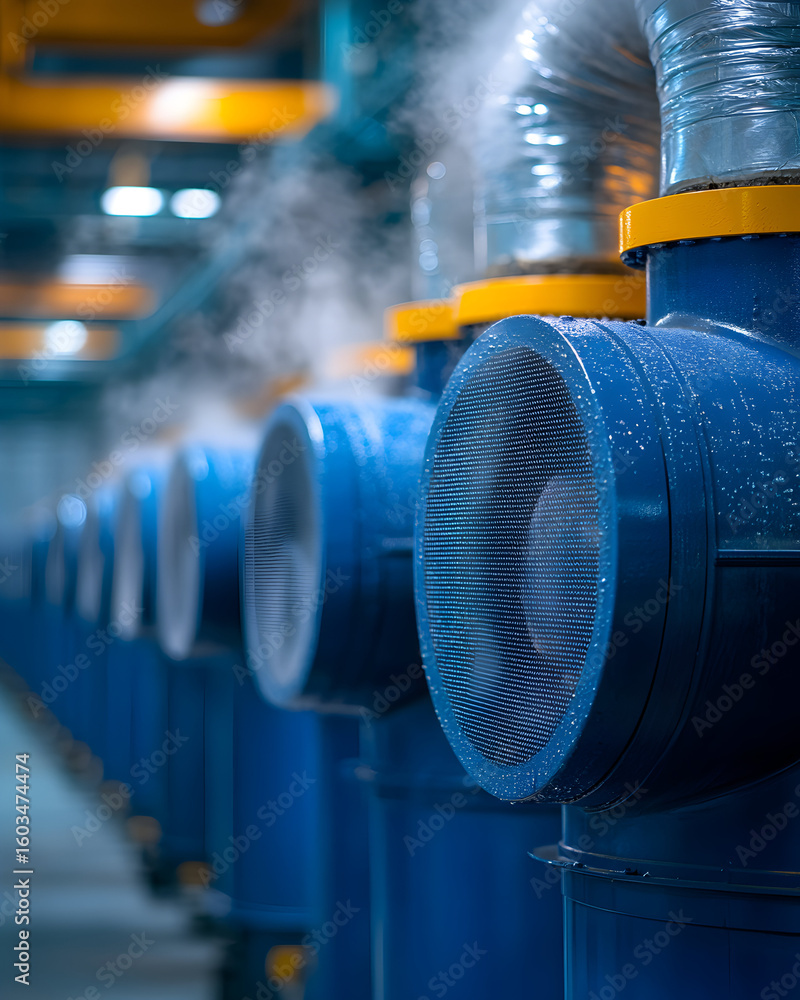 Obraz premium Row of blue industrial ventilation pipes in a factory.