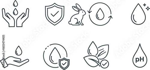 Vector art of a collection of line icons representing crueltyfree, dermatologically tested, and hypoallergenic products isolated on white background