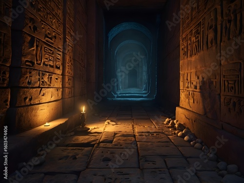 Ancient Egyptian Temple Corridor Dimly Lit with Flickering Candles and Hieroglyphic Walls