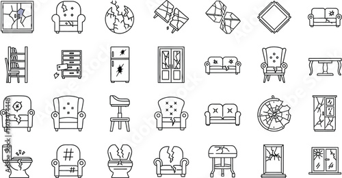 Vector art of a collection of line icons representing damaged and broken furniture and household items isolated on white background