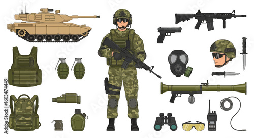 Illustration depicting a soldier in camouflage uniform holding a rifle, surrounded by military equipment including a tank, weapons, and gear.