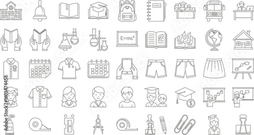 Vector art of a comprehensive set of line icons representing various aspects of school and education isolated on white background