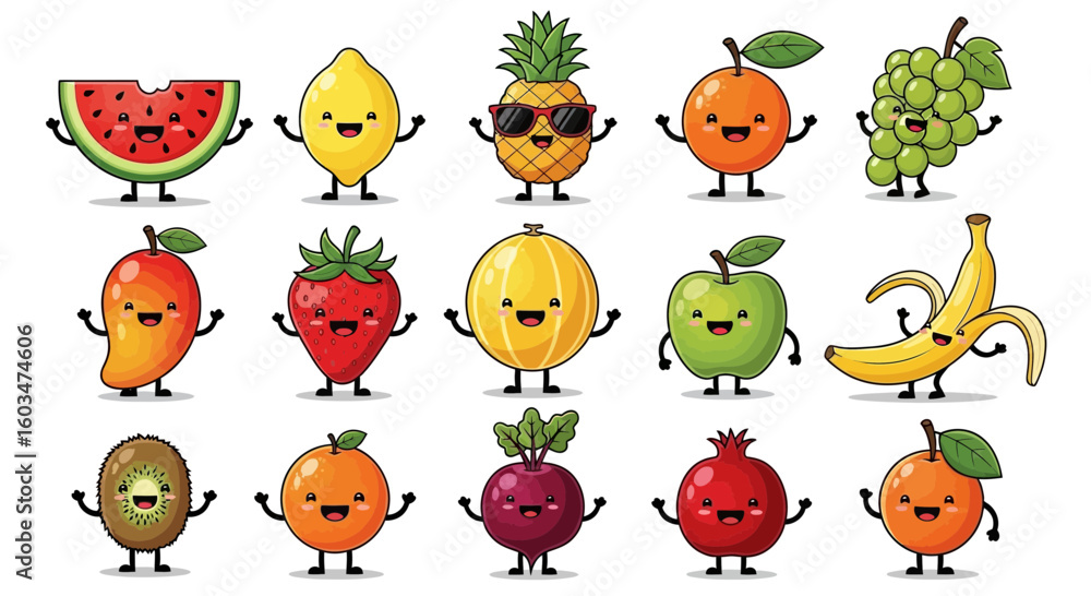 Naklejka premium A cheerful collection of cartoon fruits with smiling faces, arms raised, including watermelon, lemon, pineapple, orange, grapes, mango, strawberry, melon, ap...
