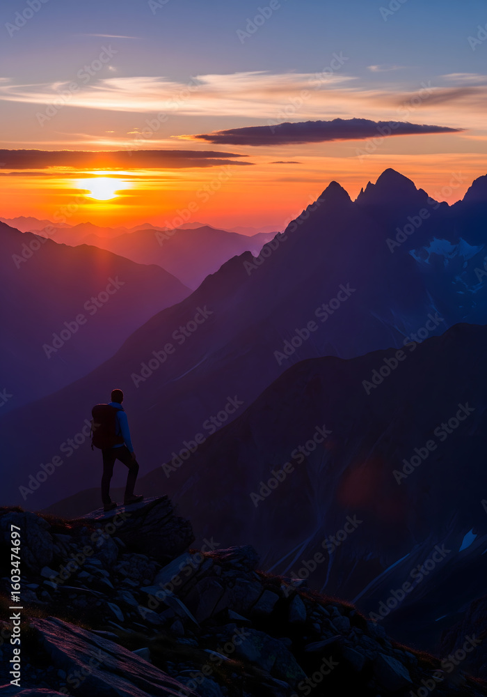 Fototapeta premium A solitary male hiker, contemplative and awestruck, stands on a mountain peak, gazing at a vibrant sunset over a dramatic alpine range