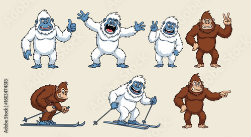 Cartoon illustration of three white Yeti-like creatures and three brown gorilla-like creatures in various poses and activities.