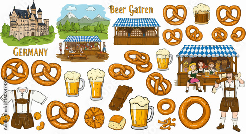 Beer Garden Elements Illustration – Oktoberfest Drinks and Snacks