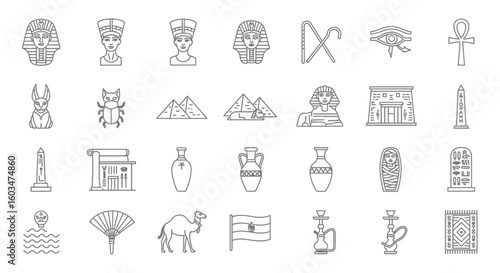 Collection of Egyptian icons in line art style, including pyramids, pharaohs, sphinx, ankh, and other cultural symbols.