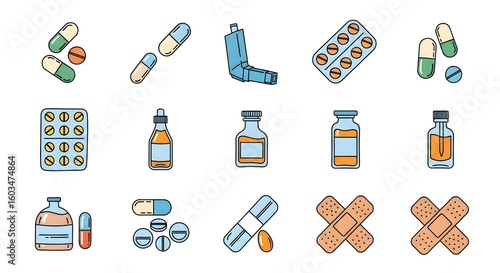 Set of medical icons featuring various medicines, pills, inhaler, and bandages. Healthcare and pharmacy vector illustration concept.