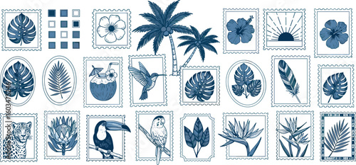 Tropical summer elements in frames. Exotic geometric pattern. Jungle nature sticker set.
