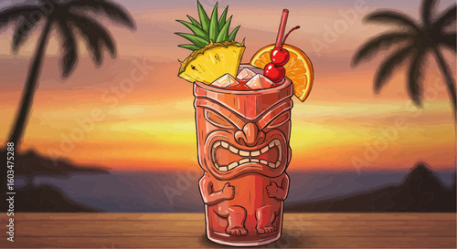 Mai Tai Cocktail with Fruit Garnish – Exotic Sunset Drink Illustration