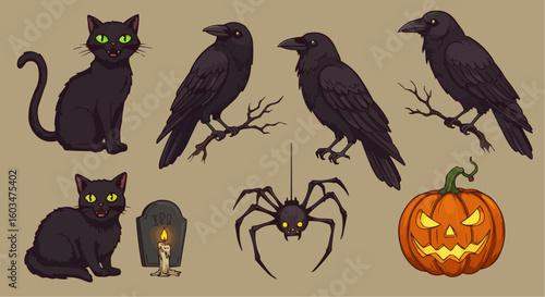 Black Crow and Spider Silhouettes – Spooky Halloween Vector Art
