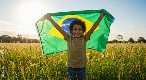 Menino feliz segurando bandeira do brasil no campo ensolarado dia da independência brasil