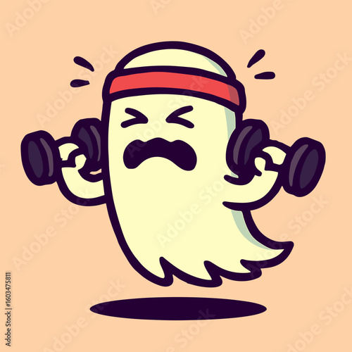 A cartoon ghost lifts dumbbells with a strained spooky face and gym headband, showing off funky muscles against a pastel background.