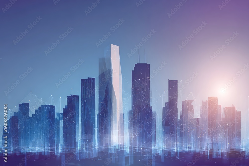 Fototapeta premium Illuminated cityscape featuring abstract digital connections and futuristic skyscrapers bathed in a cool blue and purple gradient light