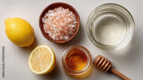 Wallpaper Mural Fresh Lemon Honey Salt Water and Essential Oil Natural Remedies Ingredients Flat Lay for Health and Wellness Tips Torontodigital.ca