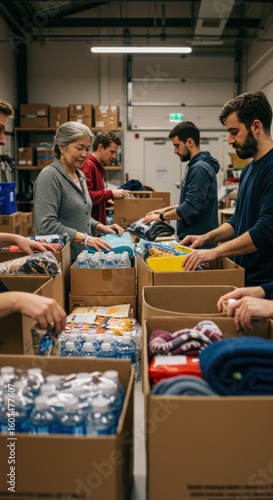 Volunteers sort donations in a warehouse