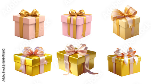 Collection of elegant gift boxes with satin ribbons and bows. set of colorful gift boxes