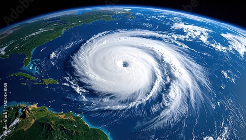 Hyperrealistic satellite view captures the immense power of a tropical cyclone spiraling over a vast ocean with a visible eye formation.