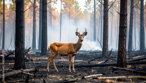 A lone deer stands amidst the smoky, burned forest landscape, a firefly glow illuminating the surreal scene after the devastating wildfire.