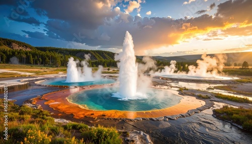 Majestic geysers erupt in Yellowstone National Park amid vibrant hot sps, steam rising against a stunning sunset sky at Firehole Lake.