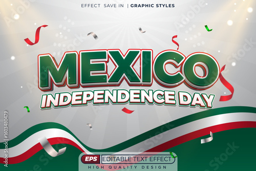 Editable 3d vector text effect mexico independence day with confetti and flag for poster design