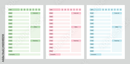 Hourly daily planner template with schedule, to-do list and notes in pastel colors, day organizer for time management, vector illustration
