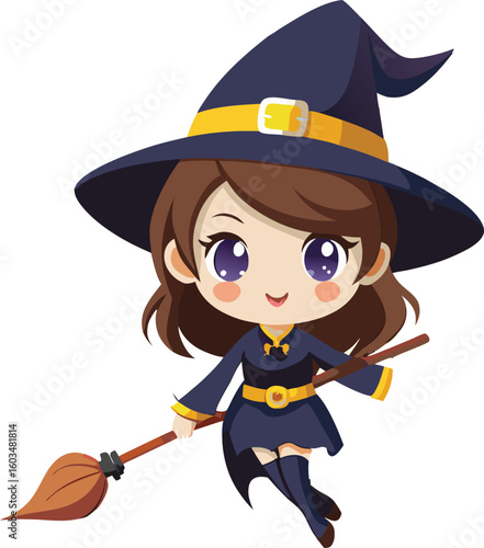 A fun cartoon Halloween witch with a hat flying on a broomstick, a magical character illustration