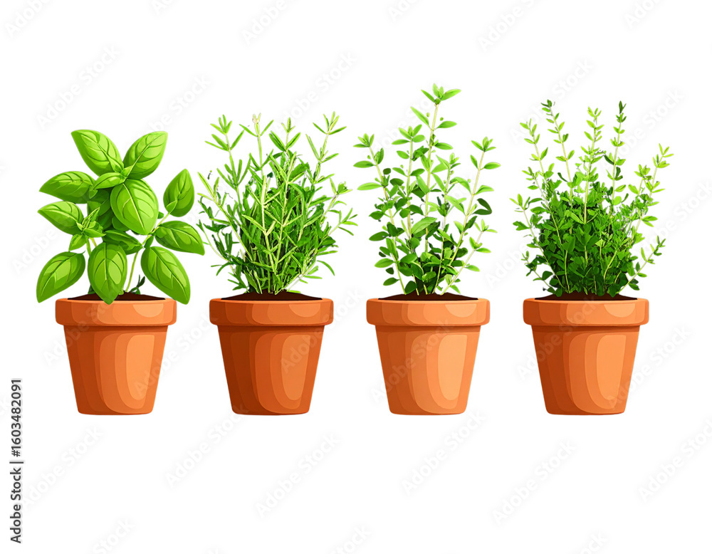 Fototapeta premium Flat Style Herb Pots Icon Set on Narrow Wooden Ledge with Dark Backdrop, Minimal Vector PNG