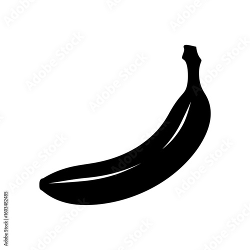 A minimalist black silhouette of a ripe and curved banana on a white background