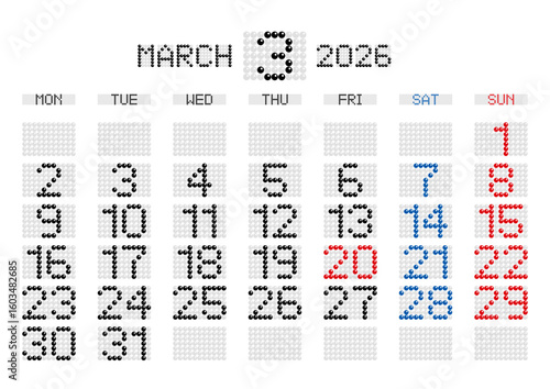 2026年3月の電光掲示板風カレンダー 月曜始まり