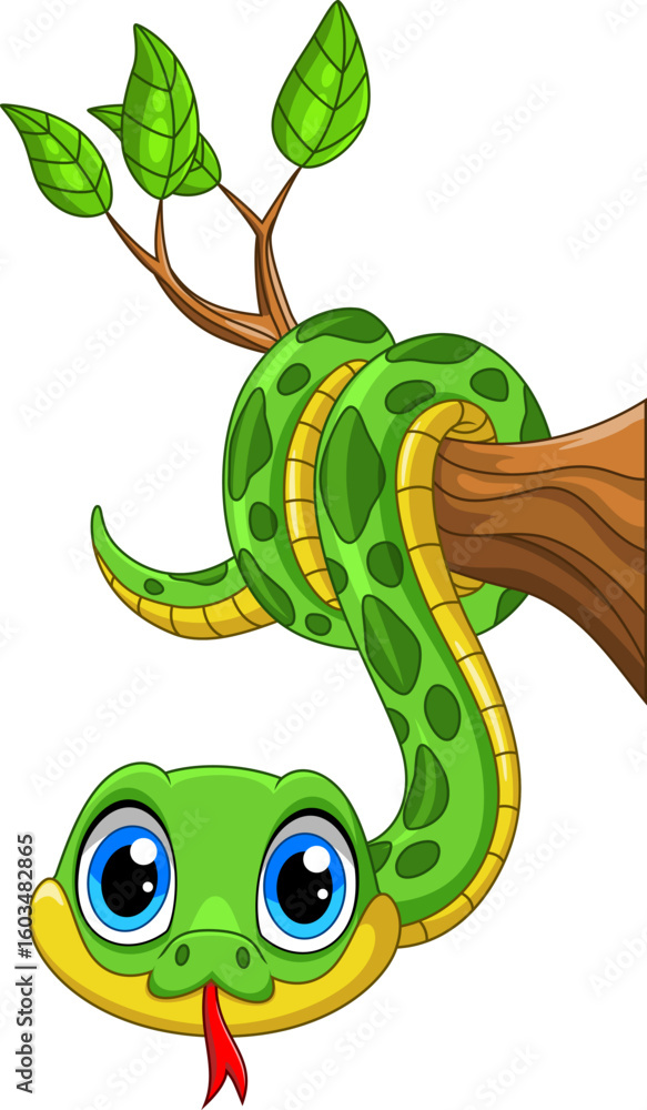 Obraz premium Illustration of Cute green snake cartoon on a tree branch with white background