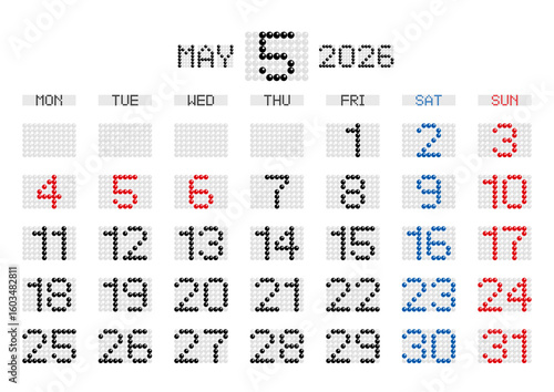 2026年5月の電光掲示板風カレンダー 月曜始まり