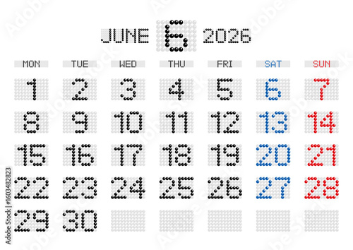 2026年6月の電光掲示板風カレンダー 月曜始まり
