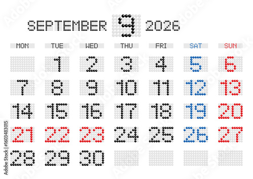 2026年9月の電光掲示板風カレンダー 月曜始まり