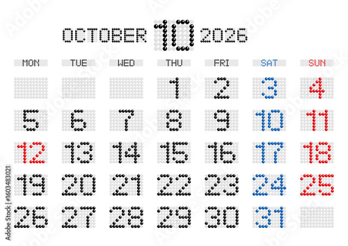 2026年10月の電光掲示板風カレンダー 月曜始まり