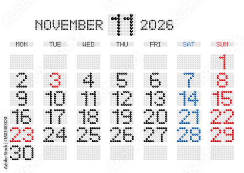 2026年11月の電光掲示板風カレンダー 月曜始まり