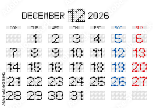 2026年12月の電光掲示板風カレンダー 月曜始まり
