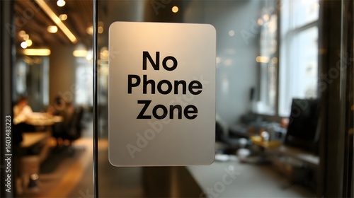 No phone zone sign on office glass wall.

